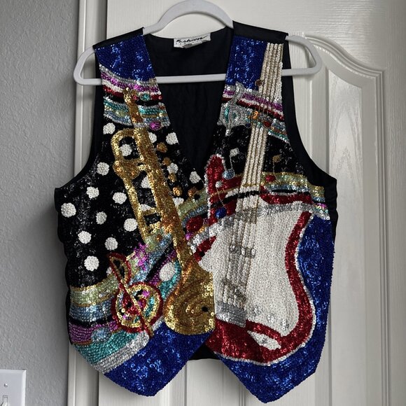 Vintage Sequin Beaded Costume Musical Instrument Tie Back Vest Guitar Trumpet - Picture 2 of 6